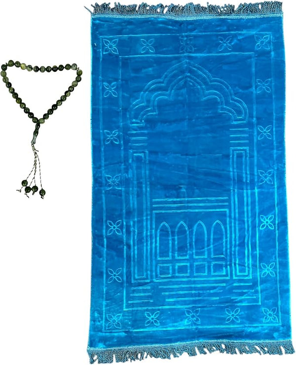 Muslim Prayer Mat Soft Plush Polyester Material with Tasbih/Dhikr Beads Embossed Print Travel Gift Islamic Prayer/Salah Mat Portable Light Weight for Adults Muslim Janaamaz 43”x25.5” (Light Blue)