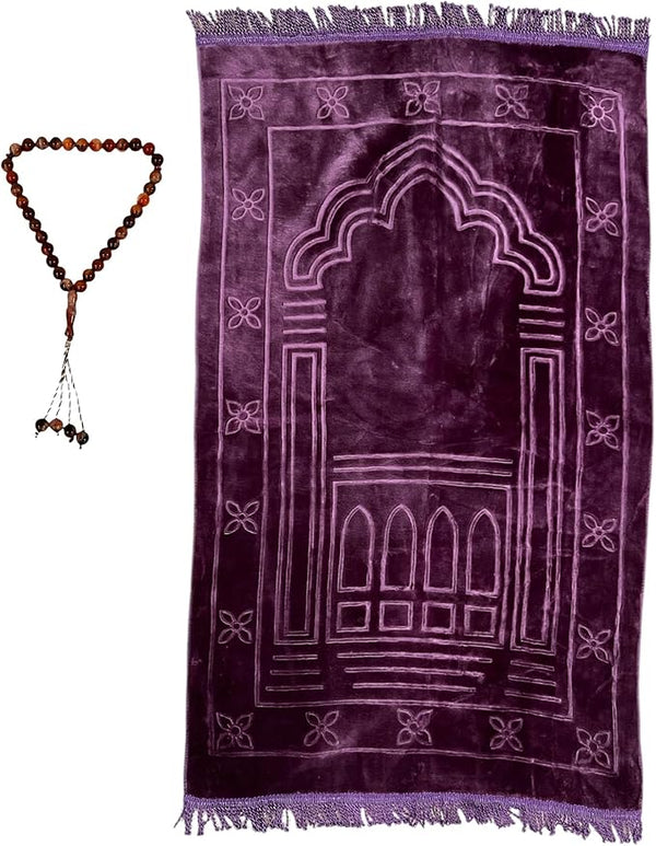 Muslim Prayer Mat Soft Plush Polyester Material with Tasbih/Dhikr Beads Embossed Print Travel Gift Islamic Prayer/Salah Mat Portable Light Weight for Adults Muslim Janaamaz 43”x25.5” (Purple)