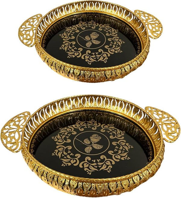 Pack of 2 Metal Serving Tray Decorative Coffee Table Tray Vanity Platter Decorative Tray with Glass Insert Metal Mirrored Tray with Gold Finish 11.5 Diameter & Height 2.5 (Gold_Circular Tray, Small)