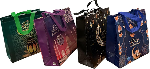 12 PCS Ramadan Mubarak Reusable Gift Bags, Party Bags Goodie Bags Party Supplies Treat Bags with Handles, Muslim Party Favor Supplies Party Decorations Favors 11” x 10.5" (Assorted_12 Pcs)