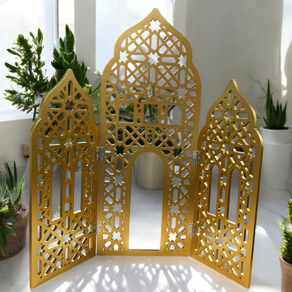 3 Panel Room Divider Folding Privacy Freestanding Partition Portable Wall for Prayer Room Privacy Screen Islamic Theme Room Divider Wood 3ft Ramadan Decorations 39.5"x38.5" (Gold Gates)