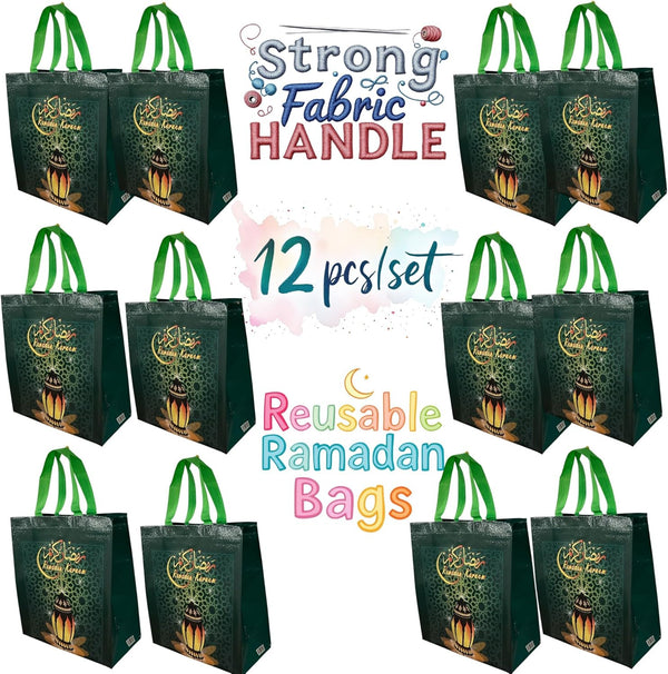 12 PCS Ramadan Mubarak Reusable Gift Bags, Party Bags Goodie Bags Party Supplies Treat Bags with Handles, Muslim Party Favor Supplies Party Decorations Favors 11” x 10.5" (Green_12 Pcs)