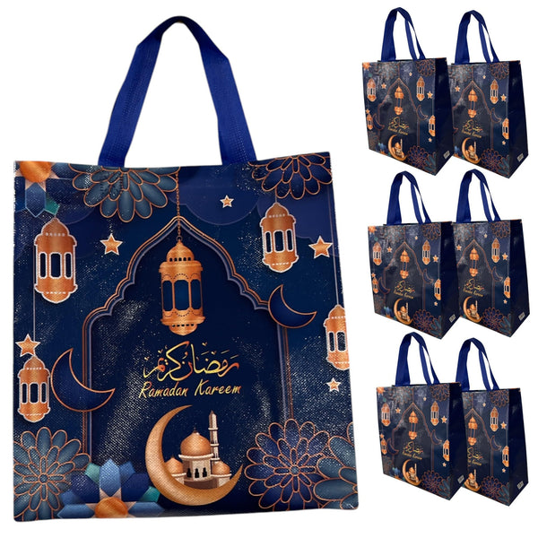 12 PCS Ramadan Mubarak Reusable Gift Bags, Party Bags Goodie Bags Party Supplies Treat Bags with Handles, Muslim Party Favor Supplies Party Decorations Favors 11” x 10.5" (Blue_12 Pcs)