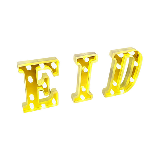 E.I.D Letters Lamp Decor LED Gold Signs Decorations for Home Eid Azha Party Décor Table Top E.I.D Décor Fireplace Centerpiece Islamic Home Art 8" each piece + Free Gold Color Aluminium Foil Eid Mubarak Sign and Latex Balloons (Eid)